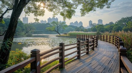 Sticker - Scenic Urban Park with Wooden Walkway