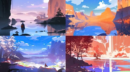 A series of panels showcasing the changing seasons in nature, each panel featuring different landscapes and colors reflecting their unique characteristics, generated AI