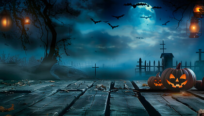 Wall Mural - spooky halloween background with empty wooden planks