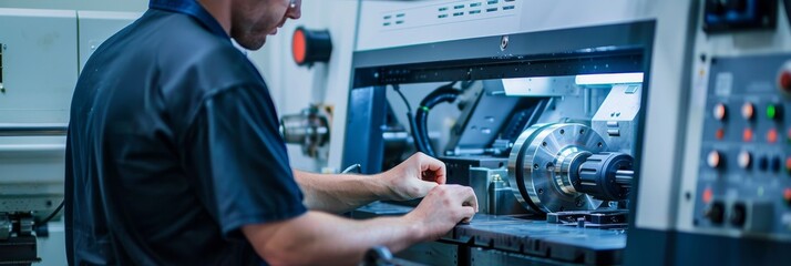 Wall Mural - A technician programs a CNC machine with its interior visible and various tools