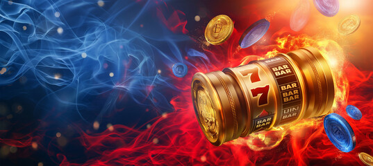 Wall Mural - Golden slot machine with big win with fire effect, online slot game banner, Illustration