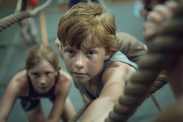 Young boy with red hair and freckles looks intensely at camera while holding on to a rope.