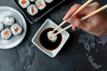 Wall Mural - Delicious sushi rolls being dipped in spicy soy sauce.