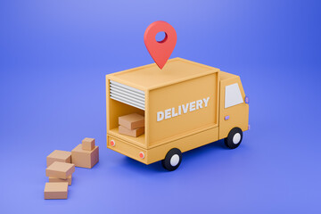 Delivery 3D truck with cargo boxes on color background