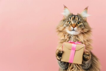 Fluffy brown cat holding a wrapped gift in front of a pink background, copy space