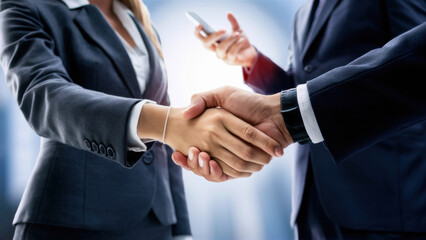 Poster - Two business people shaking hands in a meeting, AI