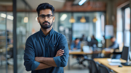 Portrait of a young successful Indian male programmer, developer standing in an office center, crossing his arms over his chest and looking seriously at the camera
