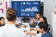 © InfiniteFlow - Analyst team utilizing BI Fintech to analyze financial data at table in meeting room. Businesspeople analyzing BI dashboard power for business insight and strategic marketing planning. Prudent