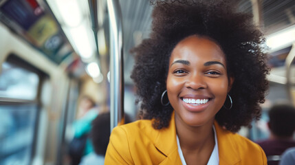 Happy young black African American businesswoman on a subway train, smiling brightly. Public metro transport passenger, urban city commuter, female travel to work job