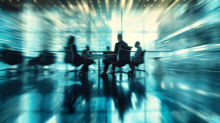 Wall Mural - Business team in a formal meeting, sitting around a conference table, discussing objectives and goals, blurred faces, corporate atmosphere