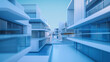 © Maksym Tereshchenko - Blue 3D render model of city houses in a real estate agency office, representing futuristic architecture and residential property design, apartment housing concept