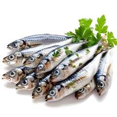 Wall Mural - A group of fresh sardines on a white background