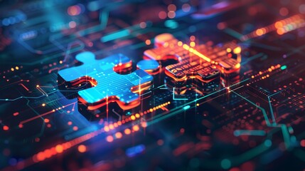 Digital representation of API integration concept with two interlocking puzzle pieces against a futuristic tech-inspired abstract background, symbolizing connectivity and interoperability. 