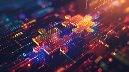 Digital representation of API integration concept with two interlocking puzzle pieces against a futuristic tech-inspired abstract background, symbolizing connectivity and interoperability. 