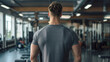 © Maksym - Rearview shot of a fit and muscular male athlete standing in a modern gym. Young man, highlighting broad back muscles, dressed in a gray t-shirt. Indoors workout club