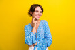 © deagreez - Photo of smart clever young lady dressed flower print top finger chin smiling isolated yellow color background