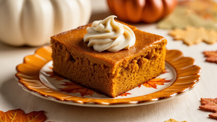 A Slice of Pumpkin Cake with Whipped Cream on an Ornate Plate