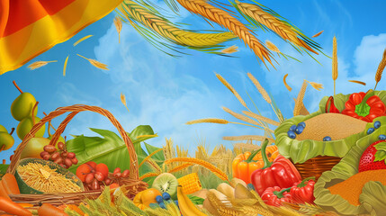 Wall Mural - Harvest scene with produce arranged in the tricolor, highlighting India's agricultural abundance and diversity.