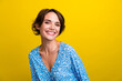 © deagreez - Portrait of toothy beaming gorgeous cute girl with short hairstyle wear blue blouse smiling to you isolated on yellow color background