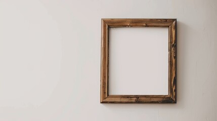 Poster - Wooden square picture frame hanging on white wall with copy space