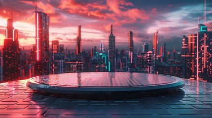 Poster - A modern city with skyscrapers and neon lights, centered around a circular platform overlooking the city skyline. The red and pink sunset sky adds a vibrant touch