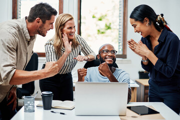 Fototapete - Meeting, laptop or gesture for success, achievement or celebration in project management company. Smile, diversity or business people with technology for teamwork goals, progress or collaboration win