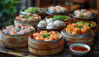 Wall Mural - Dim sum food with many asian dishes 