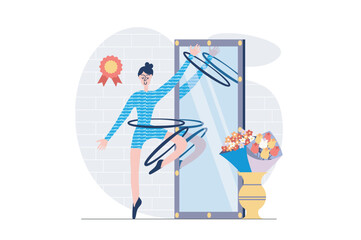 Aufkleber - Hobby concept in modern flat design for web. Woman exercising with plastic hoops by mirror, doing gymnastics training in class, preparing to competition for getting winner medal. Vector illustration.
