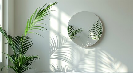 Wall Mural - modern minimalist mirror on a clean white wall, bright natural light, simple and stylish, modern furniture accent.