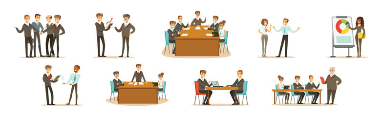 Wall Mural - Man and Woman Business Leader and Employee at Meeting Vector Set