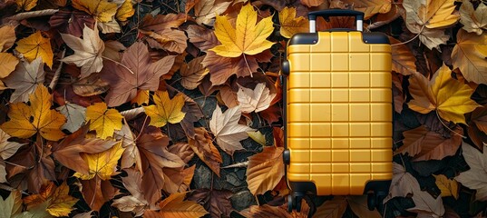 Wall Mural - modern yellow suitcase on the faling autumn leaves background, travel concept