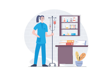 Poster - Medicine concept in modern flat design for web. Nurse with dropper helps patients in hospital wards, doing assistance, supports in intensive resuscitation, taking care in clinic. Vector illustration.