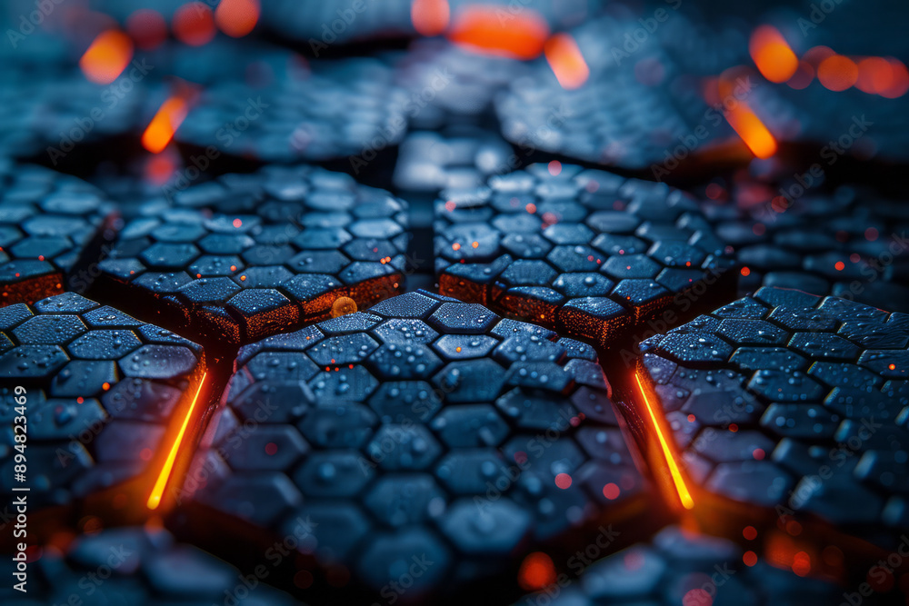 Dark hexagonal grid pattern with neon blue and orange light reflections ...