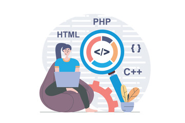 Leinwandbilder - Programmers concept in modern flat design for web. Woman developer working with program code and making research at laptop, improving new products and finding best solutions. Vector illustration.