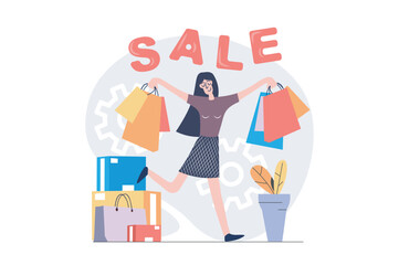 Aufkleber - Shopping concept in modern flat design for web. Woman with lot of bags doing purchases at boutiques or stores, ordering products with bargain price offers in seasonal sales. Vector illustration.