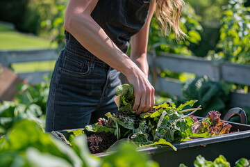 A woman composting food waste outdoors, using an outdoor compost bin to reduce kitchen waste