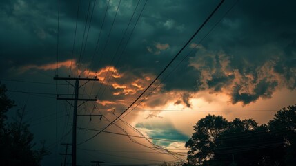 Wall Mural - Power lines silhouetted against a dramatic stormy sky, capturing the tension of an approaching thunderstorm.