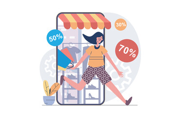 Aufkleber - Shopping concept in modern flat design for web. Woman doing bargain purchases in clothes online stores, buying products with best prices in mobile phone application with delivery. Vector illustration.