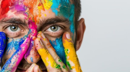 A vibrant portrait of a man with colorful paint on his face, expressing creativity and artistic flair.