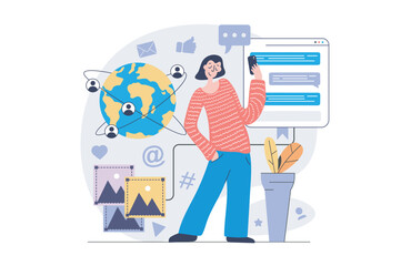 Leinwandbilder - Social network concept in modern flat design for web. Woman sending messages and emails, chatting with global friends, sharing information online, making photo posts in blog. Vector illustration.