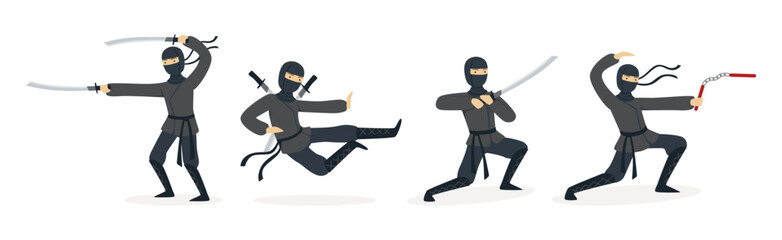 Canvas Print - Man Ninja Character with Face Cover and Weapon Vector Set