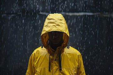 Person in a yellow raincoat standing in the rain