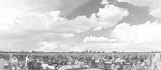 Poster - Clouds flying over the city. Hand drawn pencil sketch illustration