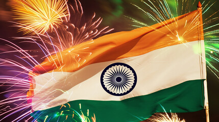 Wall Mural - Festive fireworks illuminating the Indian flag.