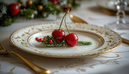 Wall Mural - Golden cutlery and winter cherry on plate. 