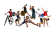 © Lustre Art Group  - Energetic collage. Athletes in various dynamic poses, highlighting their strength, agility, and energy against white studio background. Concept of team and individual kinds of sport, start and finish.
