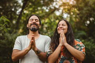 Wall Mural - Portrait of a content latino couple in their 30s joining palms in a gesture of gratitude