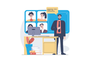 Fototapete - Video conference concept in modern flat design for web. Man briefing colleagues and connecting by zoom call, brainstorming and collaborating online, working in team remotely. Vector illustration.