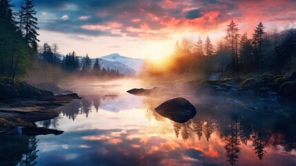 Canvas Print - Tranquil scene of a panoramic landscape with sunset and sky over idyllic lake and river with reflection