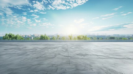 Poster - Concrete floor or slab, concept of car sale, auto, automobile, automotive empty space or area in showroom, shop or store. Background design with sky sunset and green urban city for product display. 